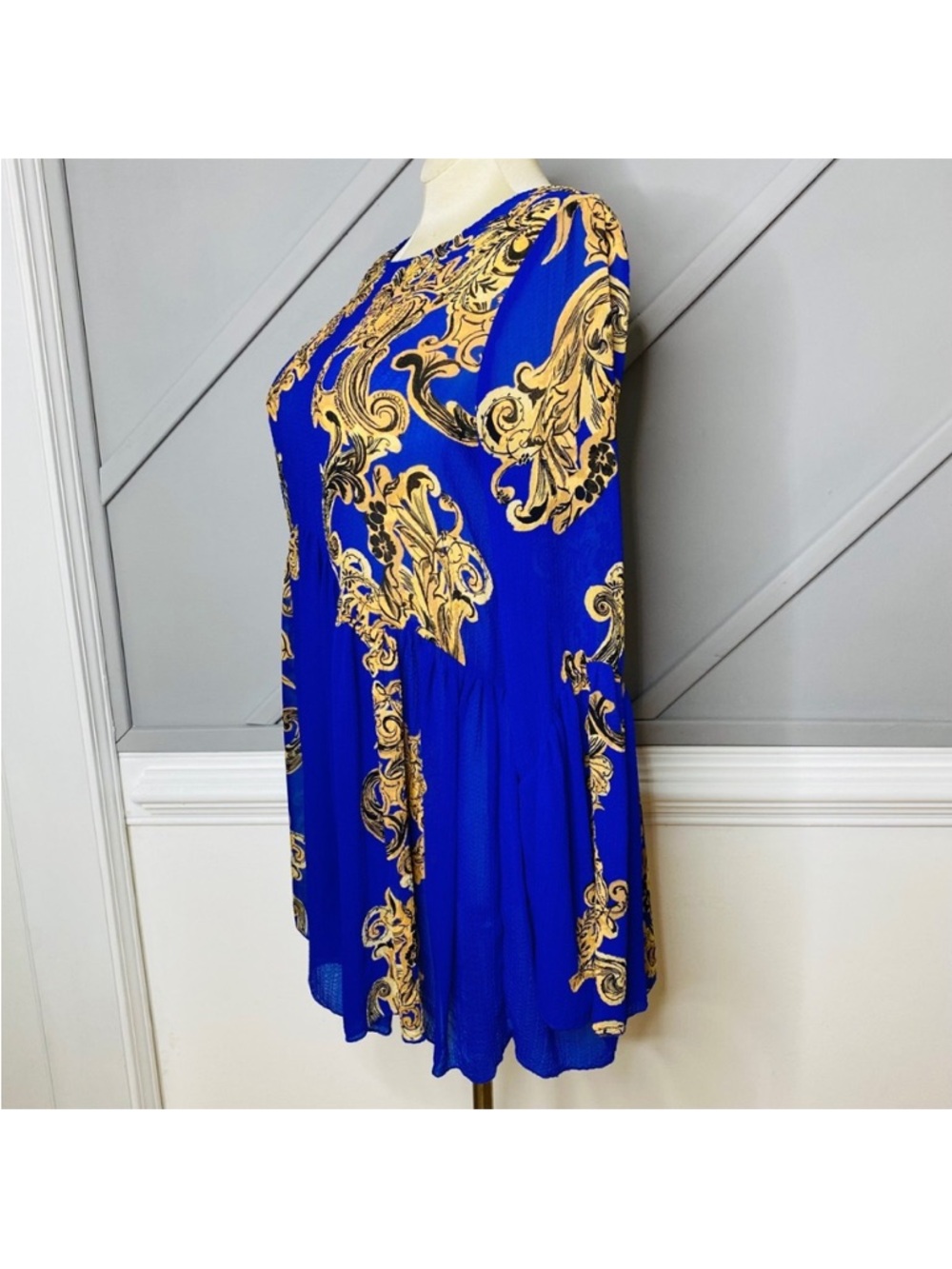 Free People Intimately Size Small Royal Blue Gold Sheer Dress Cover Up Oversized - Picture 2 of 9